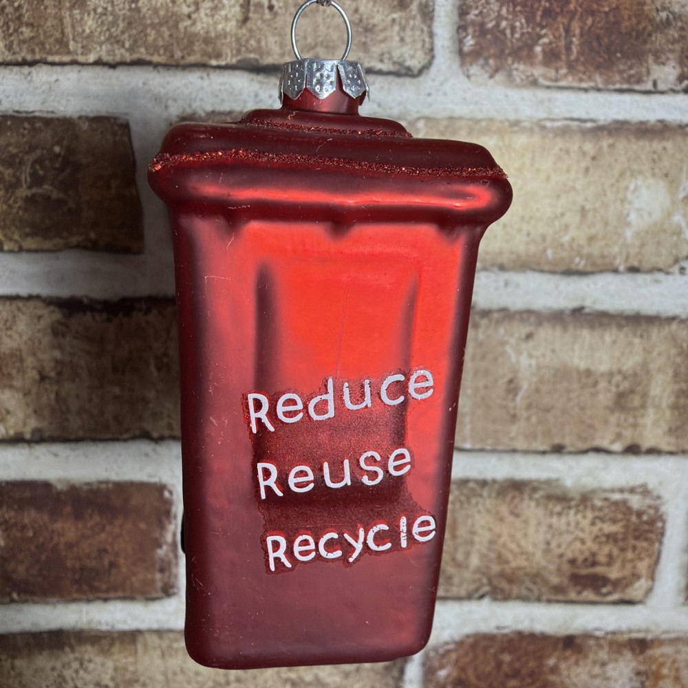 Nwt Reduce Reuse Recycling Bin Red Christmas Ornament Garbage Can Glass